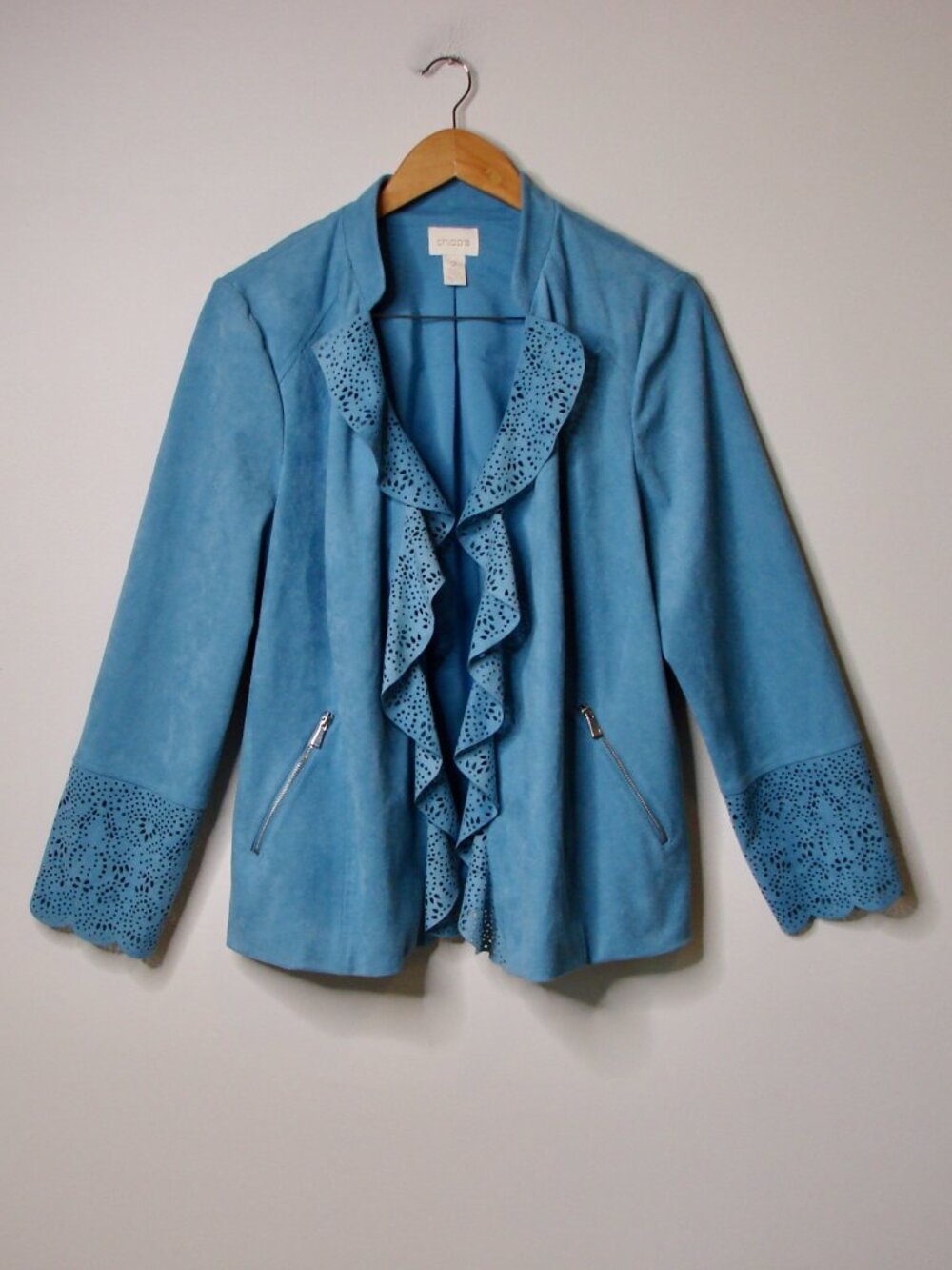 Chico's Blue Faux Suede Blazer Jacket Cutout Trim Detail Ruffle Collar Large